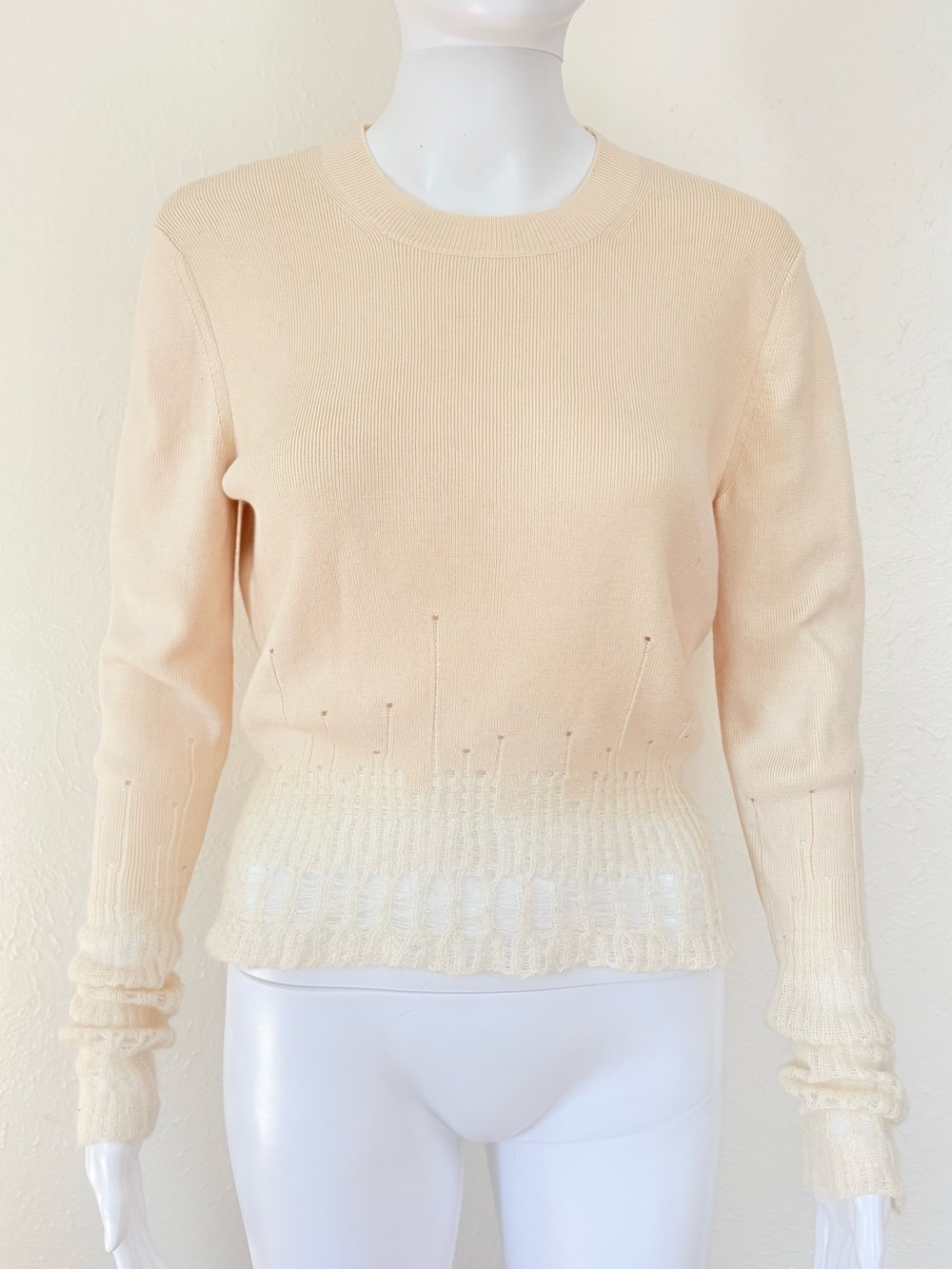 3.1 Phillip Lim Beige Cream Wool Mohair Distressed Crewneck Sweater S